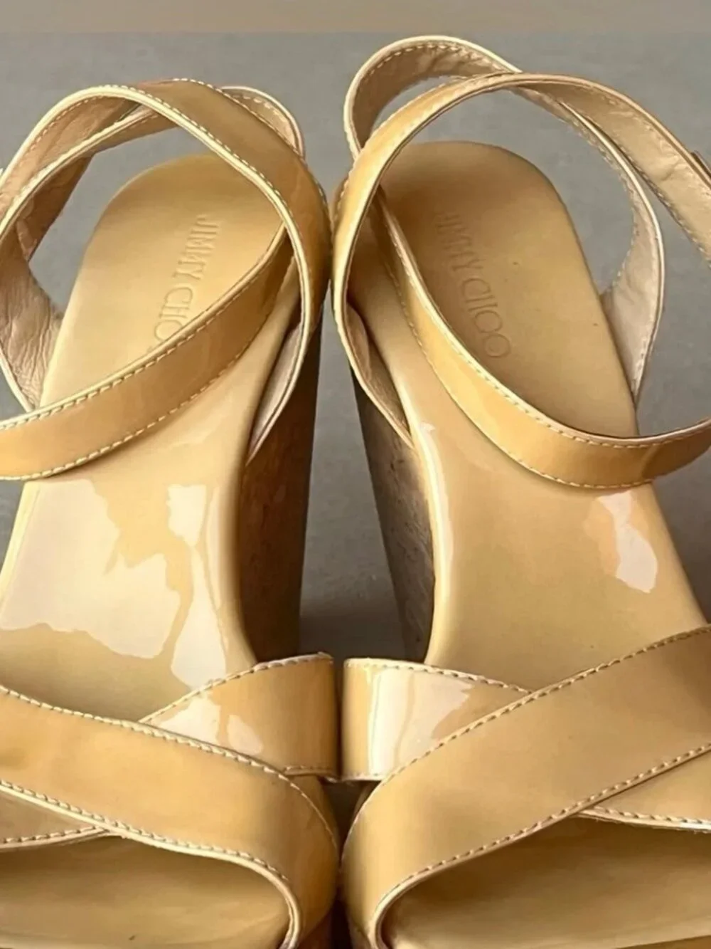 Jimmy Choo Papyrus Cork Platform Wedge Sandals Nude Patent Leather EU 41, US 11
